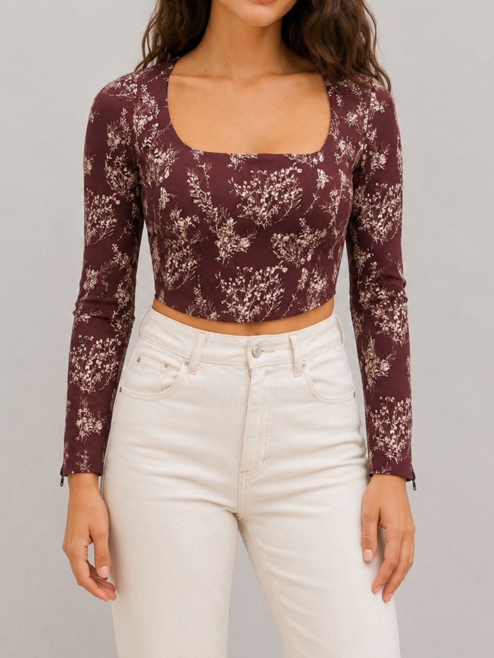 La Femme Apero Pallas Floral Corset Crop LS Top Porto Burgundy Feminine 6